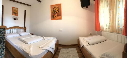 a room with two beds and a window at Patakmenti Panzió Spa in Corund