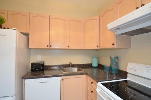 a kitchen with wooden cabinets and a sink at The SoMa Furnished Residences in Hamilton