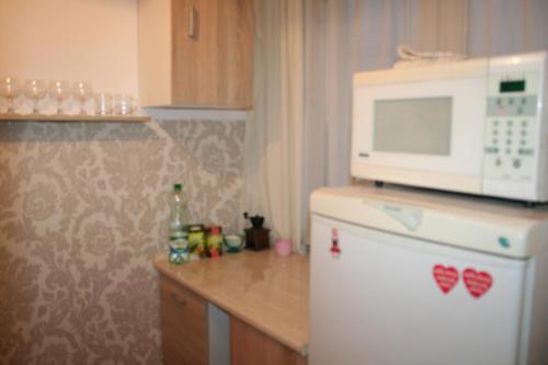 a kitchen with a microwave on top of a refrigerator at Apartament z baldachimem i pięknym widokiem Olsztyna in Olsztyn