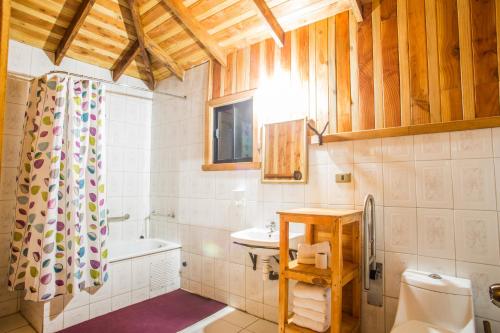 a bathroom with a toilet and a sink and a tub at Apart hotel Puchaley Lafquen in Panguipulli