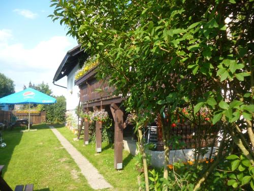 a garden with an umbrella and a house at Pension Pugner in Vysoké nad Jizerou