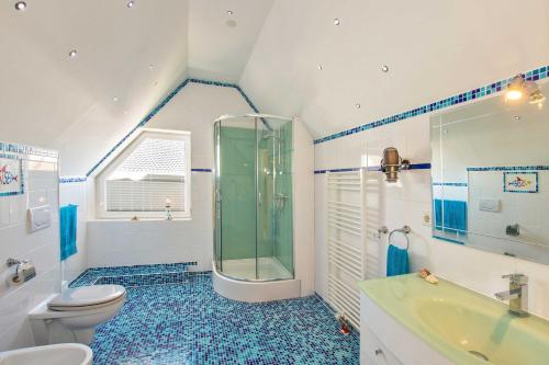 a bathroom with a shower and a toilet and a sink at Villa Europa in Heringsdorf