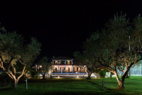 a house at night with trees in front of it at Aneli Luxury Villas-Villa Anastasia in Ayios Kirikos