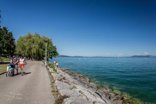 a group of people walking on a path next to a body of water at Hôtel Des Arts in Neuchâtel