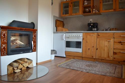 a kitchen with a stove and a oven at Dobra Chata V Dobre in Frýdek-Místek