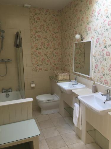 een badkamer met 2 wastafels, een toilet en een spiegel bij Horse & Hound in Delgany