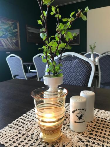 a vase with a plant in it on a table at Hótel Bjarkalundur in Reykhólar