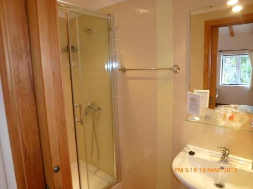 a bathroom with a shower and a toilet and a sink at Casal da Cortiçada in Sertã