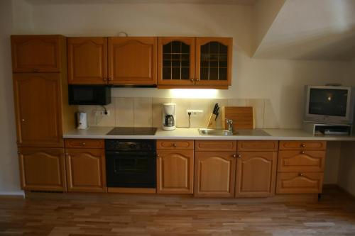 a kitchen with wooden cabinets and a sink and a tv at Stallerhof in Hüttschlag