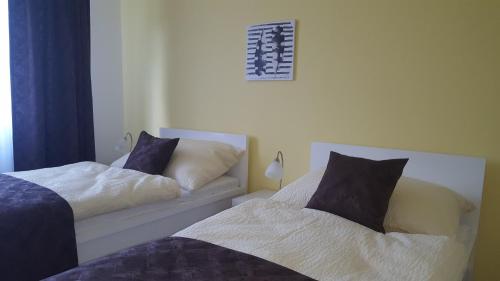two beds sitting next to each other in a bedroom at Apartmá Helga in Lipova Lazne