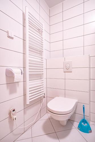 a white bathroom with a toilet and a window at S4 Resort Kouty in Loučná nad Desnou