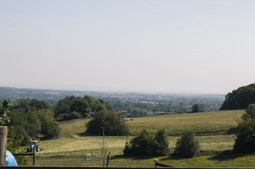 a view of a field with horses on a hill at Fernhill Hotel in Rochdale