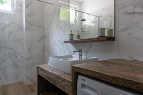 a bathroom with a sink and a mirror at Nature View House with Sauna in Tolmin