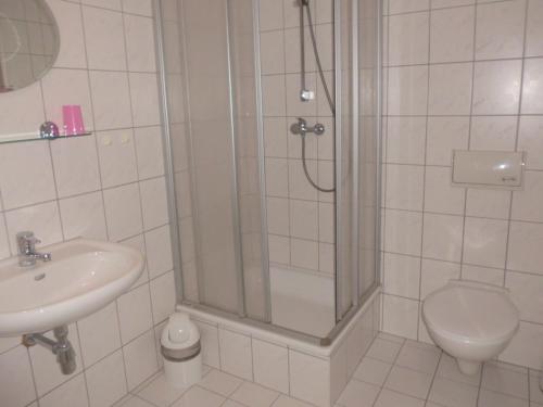 a bathroom with a shower and a toilet and a sink at Pension "Parkhotel" Blankenhain in Blankenhain