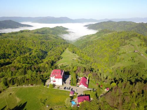 an aerial view of a house in the middle of a mountain at Kamyanka in Mizhhirʼʼya