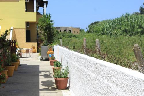 a white fence with potted plants next to a house at Chrysanthi Melitsa apts. in Sidari