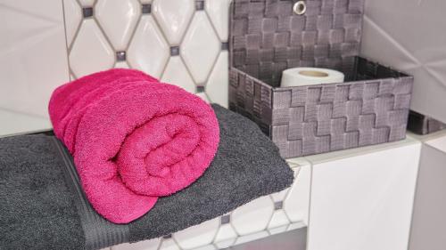 a pink towel sitting on a shelf next to two boxes at Apartament Perła Pienin in Dębno