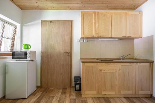 a kitchen with a refrigerator and a microwave at S4 Resort Kouty in Loučná nad Desnou
