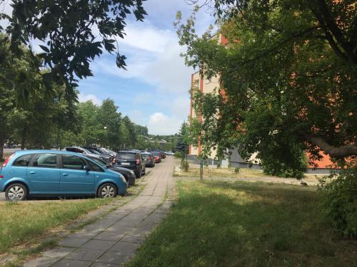 eine Reihe von Autos, die am Straßenrand geparkt sind in der Unterkunft Studlendas in Klaipėda
