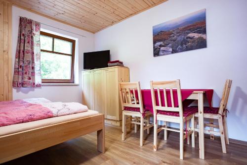 a bedroom with a bed and a table and chairs at S4 Resort Kouty in Loučná nad Desnou