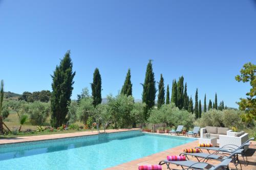 ロンダにあるLa Guzmana de Rondaのラウンジチェアと木々のあるプール