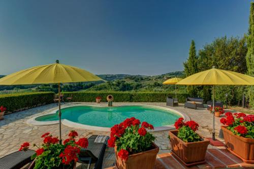a swimming pool with two umbrellas and red flowers at La Villetta in Montaione