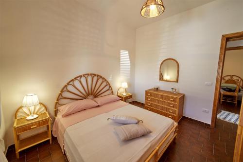 a bedroom with a large bed and a mirror at Capo Grillo Cottage Villa in Vulcano