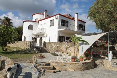a house with a dog standing in front of it at Charly Point Villa in Methoni