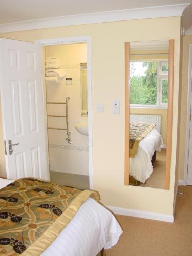 a bedroom with a bed and a mirror and a bathroom at Lingwood Lodge in Bowness-on-Windermere