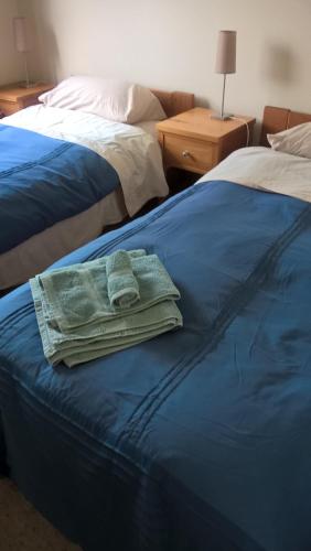 2 toallas sentadas encima de una cama azul en Minffordd Cottage, en Feilding