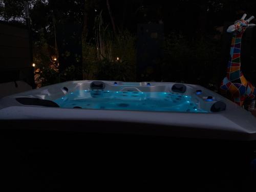 a jacuzzi tub in a backyard at night at CasaCosy in Les Michels