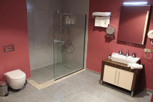 a bathroom with a shower and a sink and a toilet at King Sky Tower Hotel in Batumi
