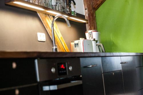 a kitchen with a counter with a sink and a green wall at Zeitraumferien in Bernau am Chiemsee