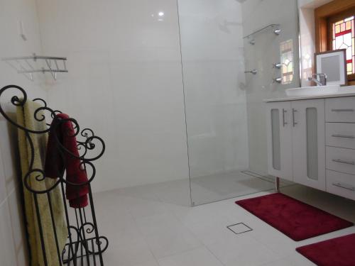 a bathroom with a shower and a red rug at Amalie Cottage Waikerie Unit 1 in Waikerie
