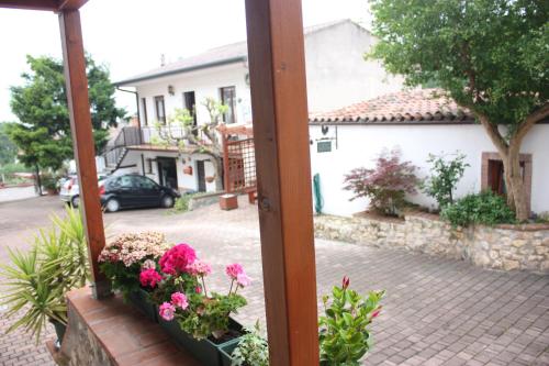 a view from a window of a house with flowers at B&B Brixius in Verona