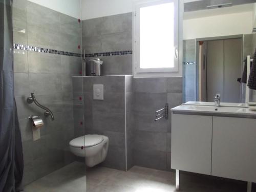 łazienka z toaletą i umywalką w obiekcie Les Grands Prés des Baronnies w mieście La Roche-sur-le-Buis