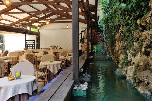 リニャーノ・サッビアドーロにあるHotel Salusのテーブルと椅子のあるレストランの川
