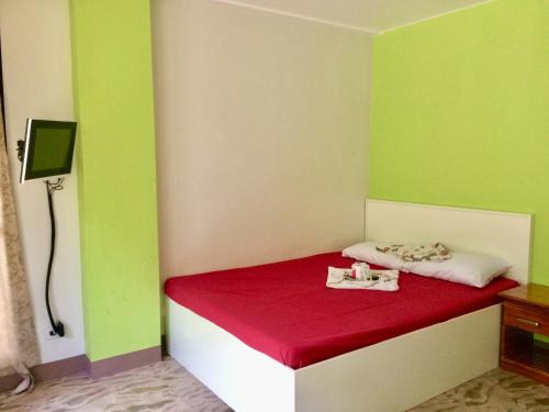 a small room with a bed with red and green walls at LCF - BB Hotel in Romblon
