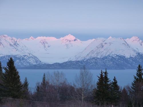 a snow covered mountain range with a body of water at Halcyon Heights B&B/Inn in Homer