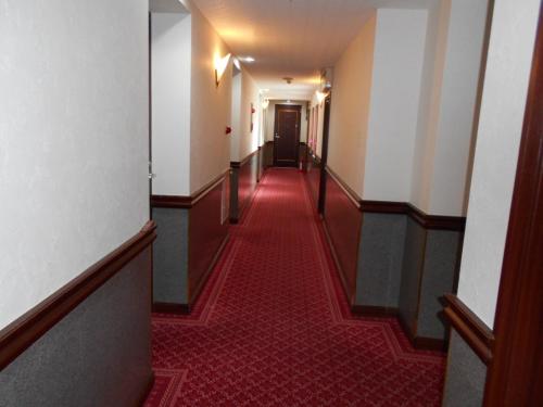 a long hallway with a red carpet in a building at Nishikawaguchi Station Hotel Stay Lounge in Kawaguchi