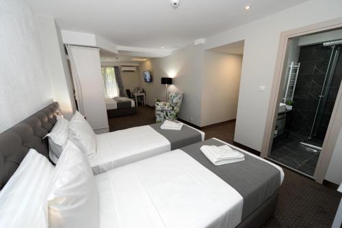 a hotel room with two beds and a bathroom at Hotel Alexandar II in Skopje