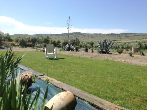trawnik z krzesłem i stołem na dziedzińcu w obiekcie Casa Los Olivos w mieście Grávalos