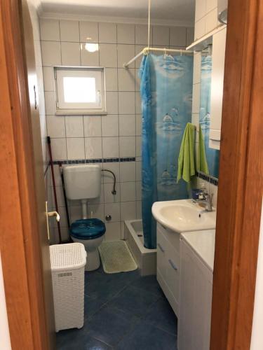 Apartments Volarevic في بلاتشي: حمام مع ستارة دش زرقاء ومرحاض ومغسلة
