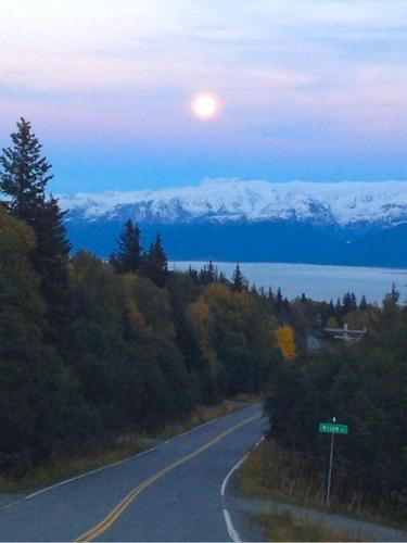 an empty road with snow capped mountains in the distance at Halcyon Heights B&B/Inn in Homer