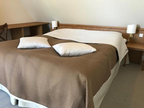 a bed with two pillows on it in a room at Bramslevgaard in Hobro