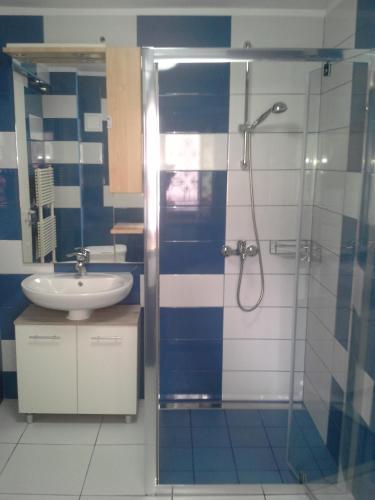 a bathroom with a glass shower and a sink at K21 Apartment in Bovec