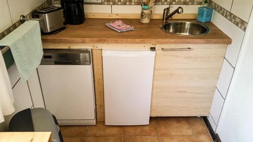 a small kitchen with a sink and a refrigerator at Ferienhaus-Elisabeth Bungalow-Tom Bungalow-Peter in Reinhardtsdorf