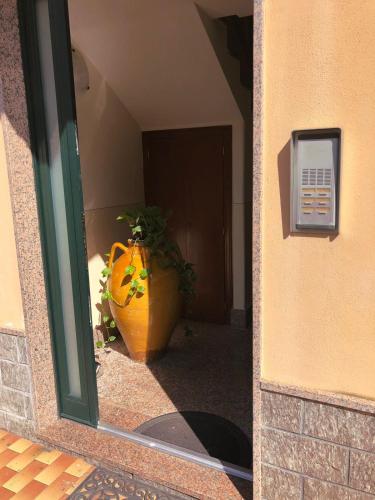 a large orange pot with a plant in a doorway at Atticus Apartment in Giardini Naxos