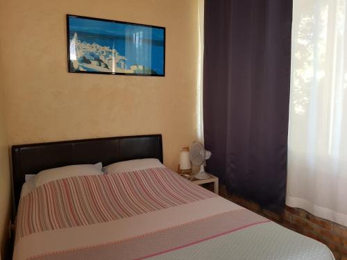 1 dormitorio con 1 cama y una foto en la pared en Gîte Les Grillons, en Draguignan