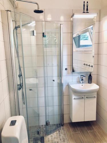 a bathroom with a shower and a sink and a toilet at Compact living home, DOWNSIZING PROJECT in Falkenberg